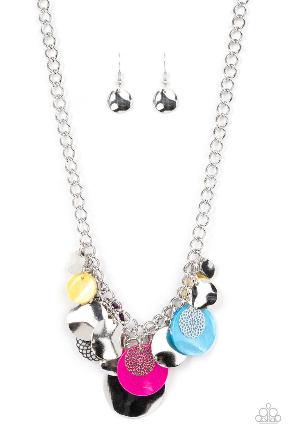 Paparazzi Accessories Oceanic Opera - Multi A summery collection of bent silver discs, multicolored shell-like discs, and silver mandala-like accents cascades from a pair of layered silver chains, resulting in a bubbly and boisterous fringe below the coll