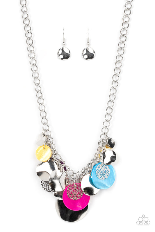 Paparazzi Accessories Oceanic Opera - Multi A summery collection of bent silver discs, multicolored shell-like discs, and silver mandala-like accents cascades from a pair of layered silver chains, resulting in a bubbly and boisterous fringe below the coll