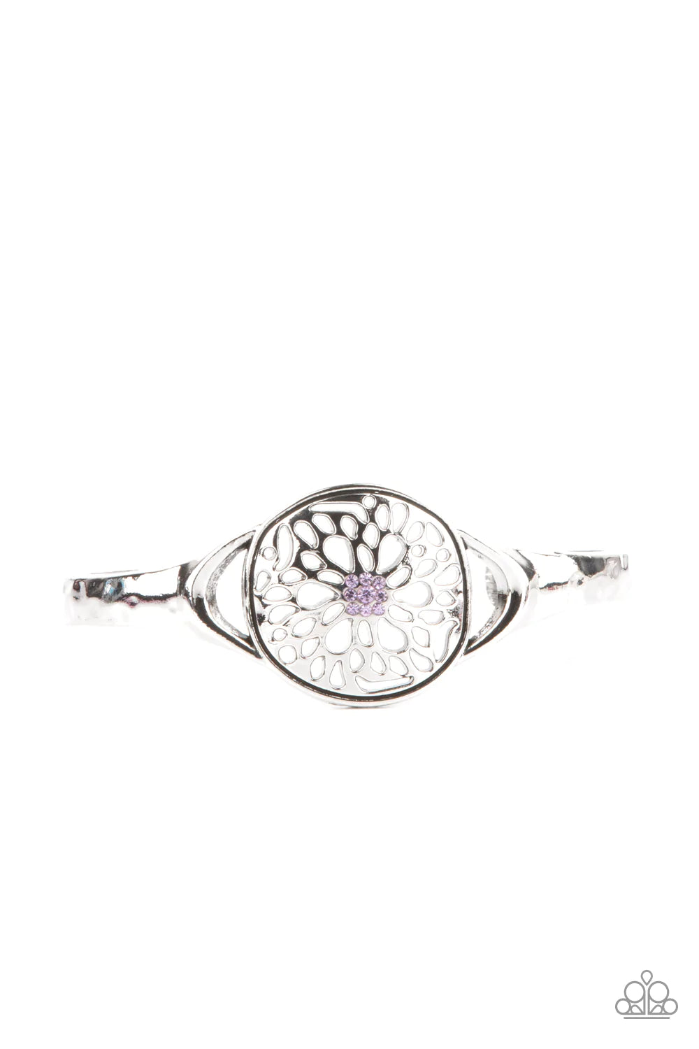 Paparazzi Accessories Modern Meadow - Purple Dotted with a glassy purple rhinestone center, an airy floral frame adorns the center of a dainty silver cuff for a whimsical shine. Sold as one individual bracelet. Bracelets