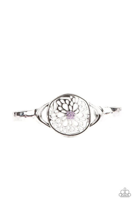 Paparazzi Accessories Modern Meadow - Purple Dotted with a glassy purple rhinestone center, an airy floral frame adorns the center of a dainty silver cuff for a whimsical shine. Sold as one individual bracelet. Bracelets