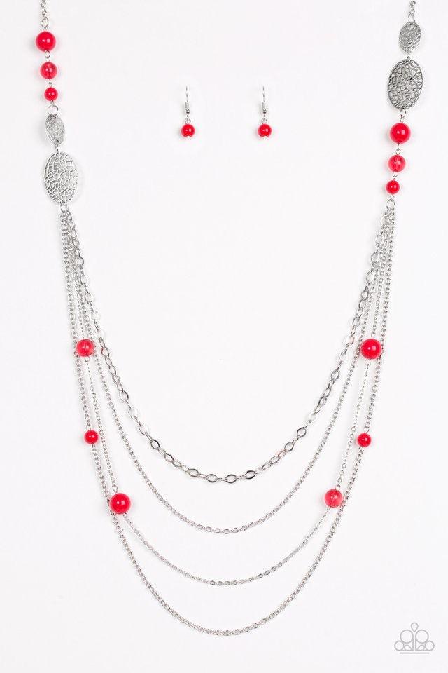 Paparazzi Accessories The SUMMERTIME of Your Life! - Red Featuring textures derived from nature, shimmery silver discs give way to sections of glistening silver chains for a whimsical look. Glassy and polished red beads trickle between silver accents for