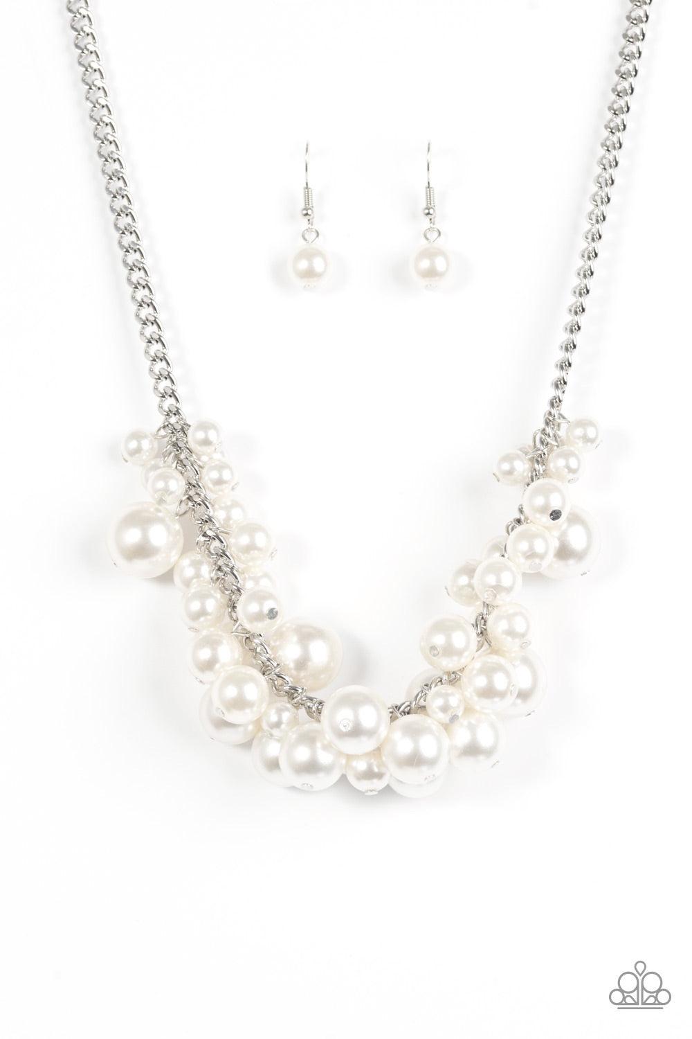 Paparazzi Accessories Glam Queen - White Varying in size, bubbly white pearls cascade from the bottom of a bold silver chain, creating a dramatically clustered fringe below the collar. Features an adjustable clasp closure. Jewelry