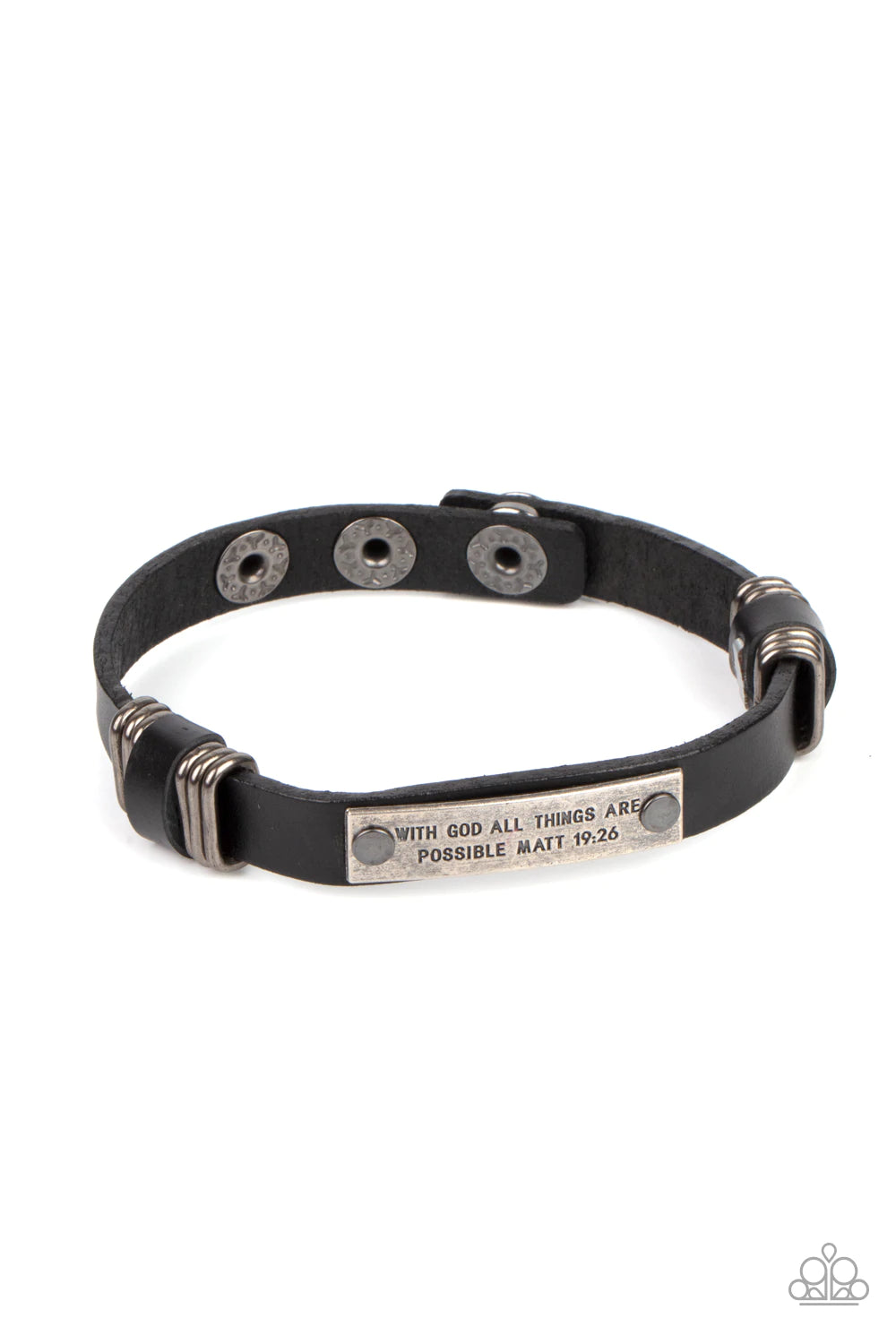 Paparazzi Accessories Make It Possible - Black A silver frame is stamped in the bible passage, "With God all things are possible, Matt 19:26," is studded in place across the front of a black leather band, gunmetal rings are added to the display for a rust