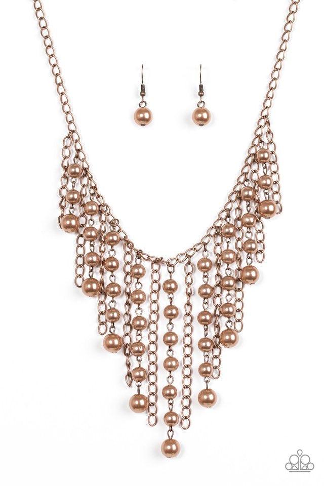 Paparazzi Accessories STUN Control - Copper Pearly copper beads trickle along strands of glistening copper chains, creating a tapered fringe below the collar. Features an adjustable clasp closure. Sold as one individual necklace. Includes one pair of matc