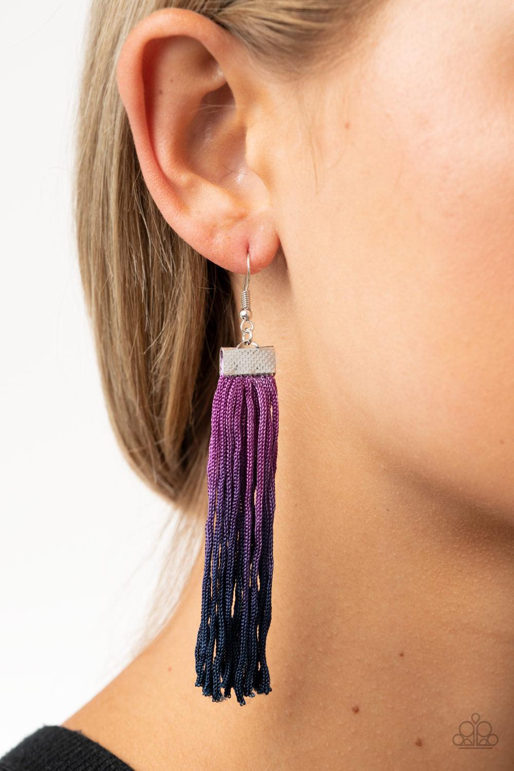 Paparazzi Accessories Dual Immersion - Purple Colorful threaded tassels gradually darken from Magenta Purple to Blue Depths, creating a vivacious fringe at the bottom of a hammered silver fitting. Earring attaches to a standard fishhook fitting. Sold as o