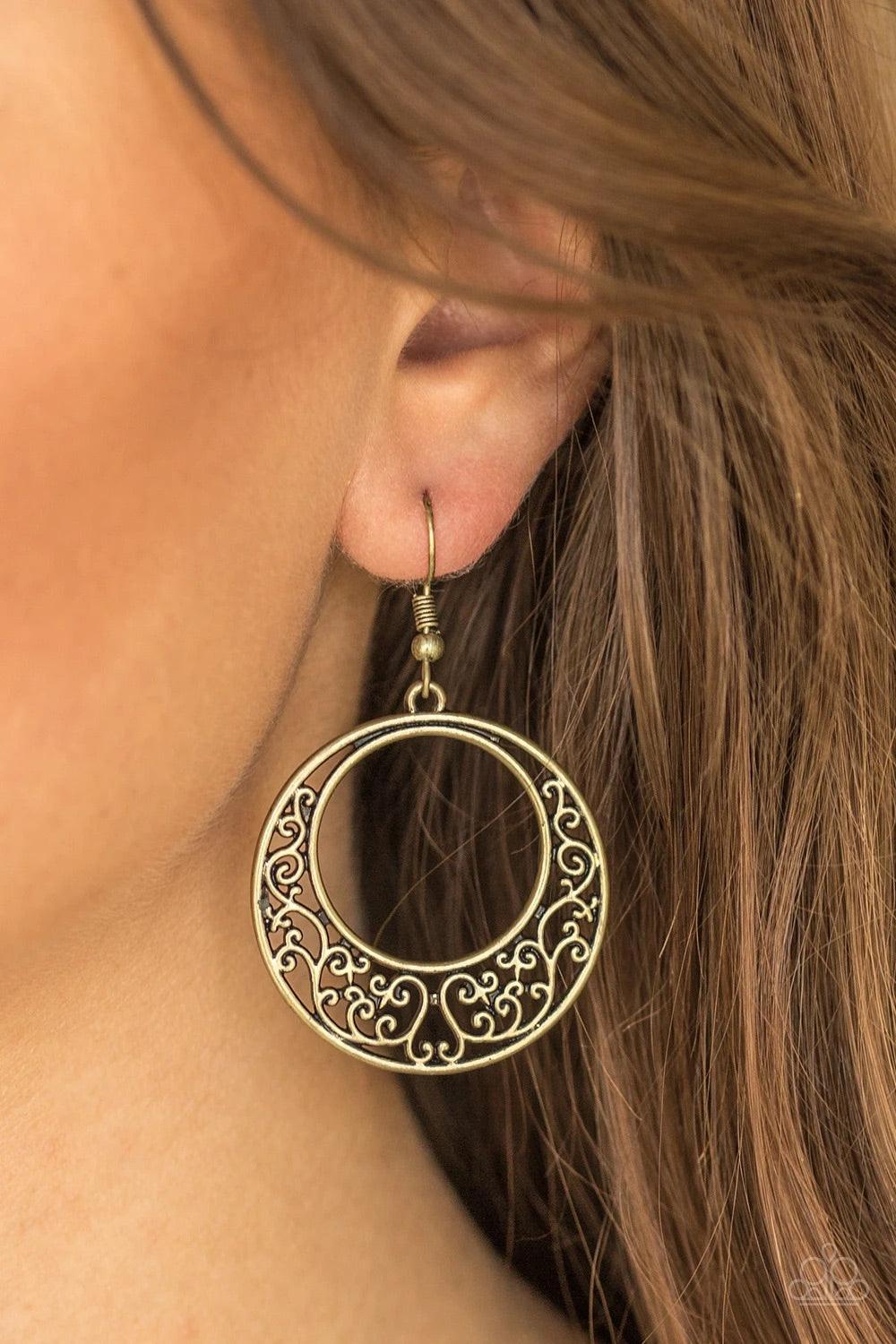 Paparazzi Accessories Newport Nautical ~Brass Brushed in a glistening finish, vine-like filigree climbs an airy brass frame for a seasonal look. Earring attaches to a standard fishhook fitting. Sold as one pair of earrings. Jewelry