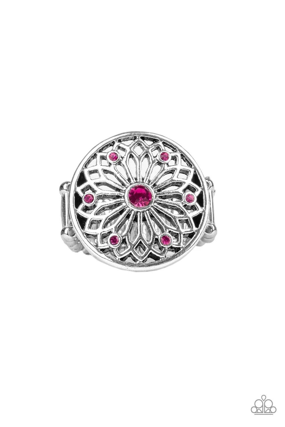 Paparazzi Accessories Mandal Magnificence - Pink Glittery pink rhinestones are sprinkled across a shimmery floral center, creating a whimsical mandala-like frame atop the finger. Features a stretchy band for a flexible fit. Sold as one individual ring. Ri
