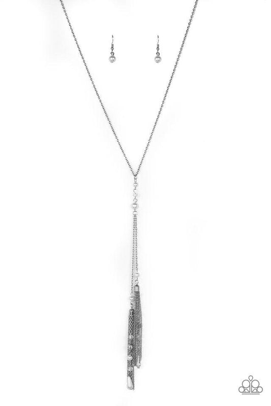 Paparazzi Accessories Timeless Tassels - White Dainty white pearls and sparkling white crystal-like beads gives way to two shimmery silver chain tassels. Infused with ornate silver beads, strands of matching beads trickle down the tassels for a refined fl