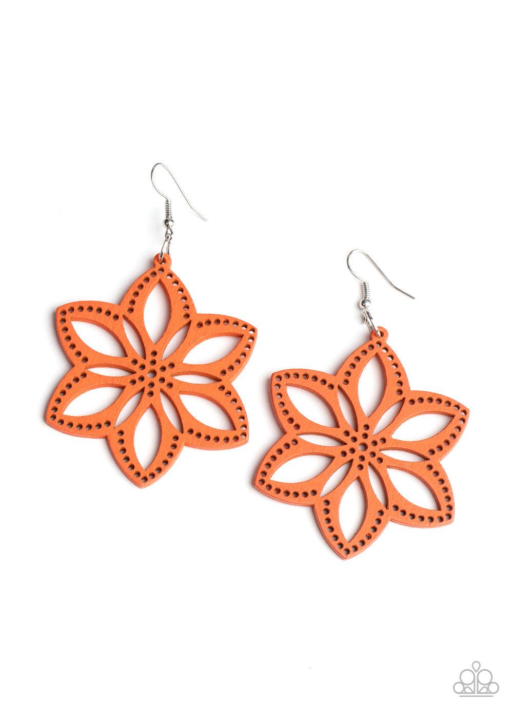 Paparazzi Accessories Bahama Blossoms - Orange Brushed in a refreshing orange finish, an airy wooden frame is cut into a stenciled flower for a summer inspired fashion. Earring attaches to a standard fishhook fitting. Sold as one pair of earrings. Jewelry