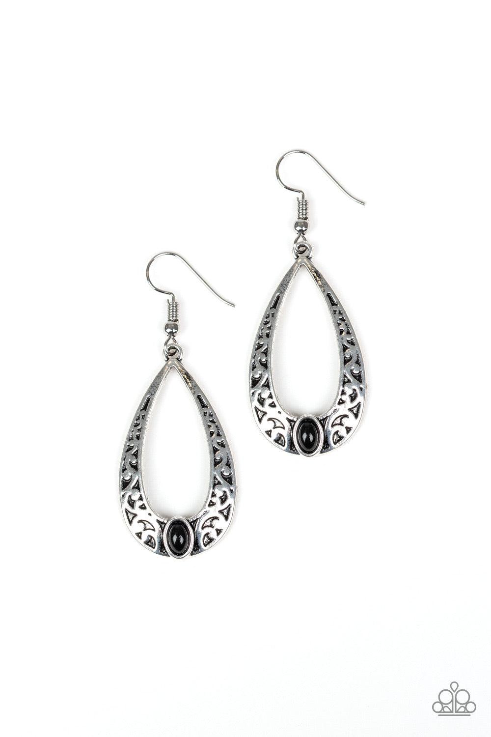 Paparazzi Accessories Colorful Charismatic - Black A shiny black bead is pressed into the bottom of a teardrop frame embossed in silver vine-like filigree for a whimsical look. Earring attaches to a standard fishhook fitting. Jewelry