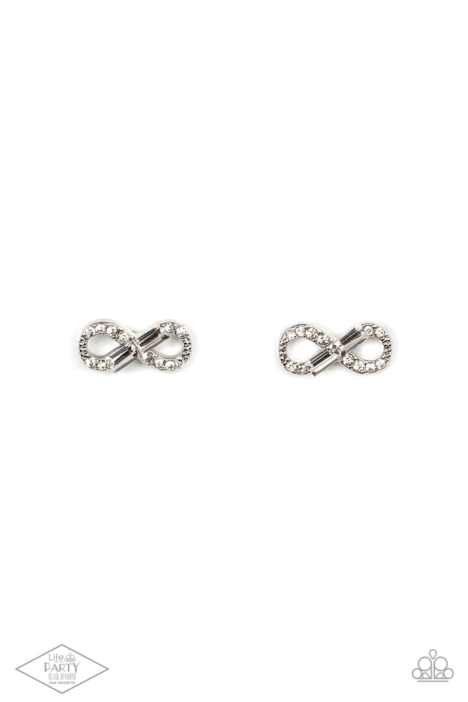 Paparazzi Accessories Turn of the Century - White Glassy emerald-cut rhinestones embellish a radiant infinity. Dainty white rhinestones are sprinkled along the swooping silver frame, adding additional sparkling accents to the romantic design. Earring atta