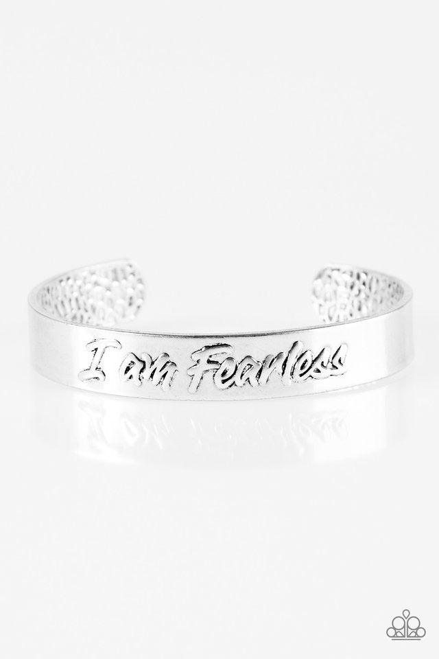 Paparazzi Accessories I Am Fearless - Silver Brushed in an antiqued finish, a silver cuff is embossed in the phrase “I am Fearless” for a fierce finish. Sold as one individual bracelet. Jewelry