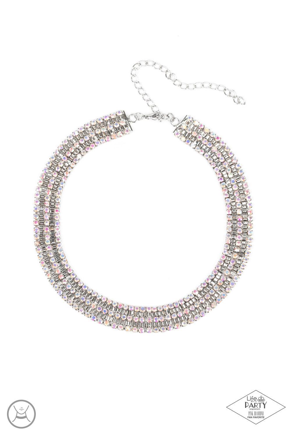 Paparazzi Accessories Full Reign - Multi Featuring sleek square fittings, strands of glittery ethereal iridescence rhinestones connect with rows of silver box chain around the neck for a glittery twist. Features an adjustable clasp closure. Jewelry
