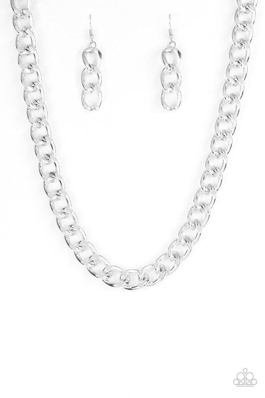 Paparazzi Accessories Heavyweight Champion - Silver Brushed in a high-sheen shimmer, a bold silver chain drapes below the collar in an edgy industrial fashion. Features an adjustable clasp closure. Sold as one individual necklace. Includes one pair of mat