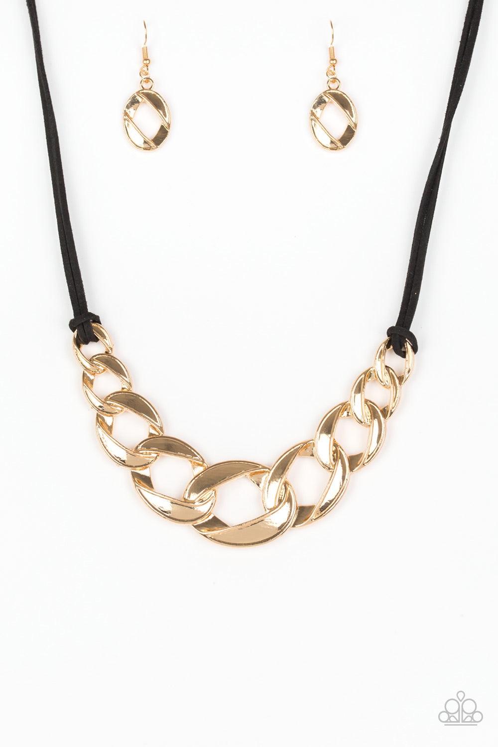Paparazzi Accessories Naturally Nautical - Gold Strands of black suede knot around interconnecting gold links, creating a bold pendant below the collar. Features an adjustable clasp closure. Jewelry