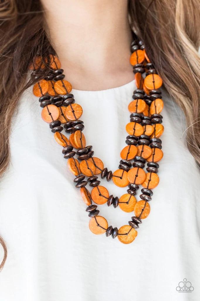 Paparazzi Accessories Key West Walkabout - Orange Brushed in a colorful finish, rows of refreshing orange wooden discs and earthy brown beads are threaded along shiny brown cording for a summery look. Features a button loop closure. Sold as one individual