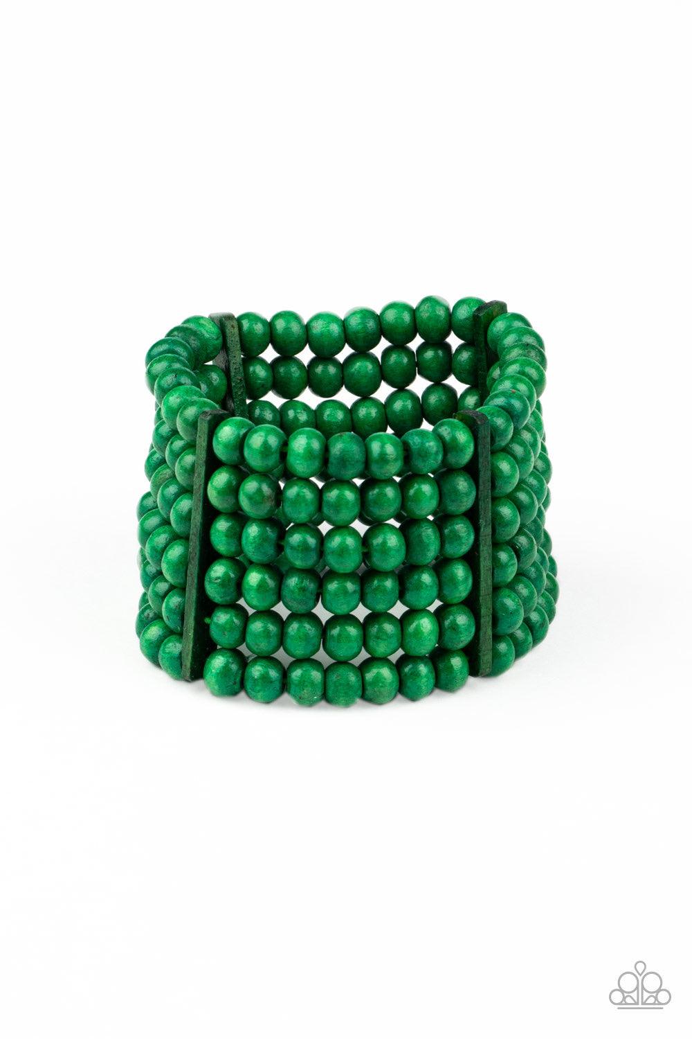Paparazzi Accessories Tanning in Tanzania - Green Held together with rectangular wooden fittings, strands of refreshing green wooden beads are threaded along stretchy bands that layer around the wrist into one colorful stretch bracelet. Sold as one indivi