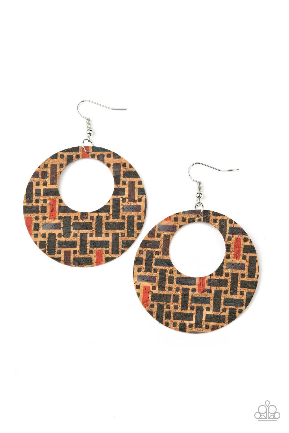 Paparazzi Accessories Put A Cork In It - Black Painted in a colorful geometric print, a cork-like hoop swings from the ear in a seasonal fashion. Earring attaches to a standard fishhook fitting. Jewelry