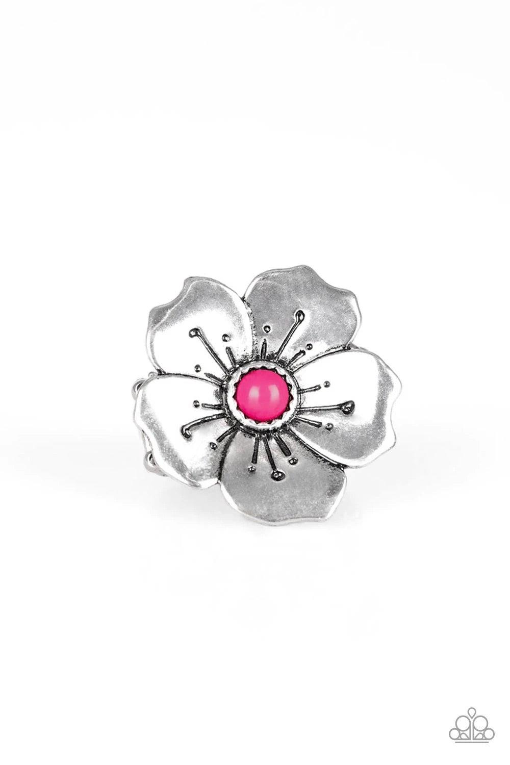 Paparazzi Accessories Boho Blossom - Pink A bright pink bead is pressed into the center of a blooming silver flower radiating with antiqued details for a whimsical look. Features a stretchy band for a flexible fit.Sold as one individual ring. Jewelry