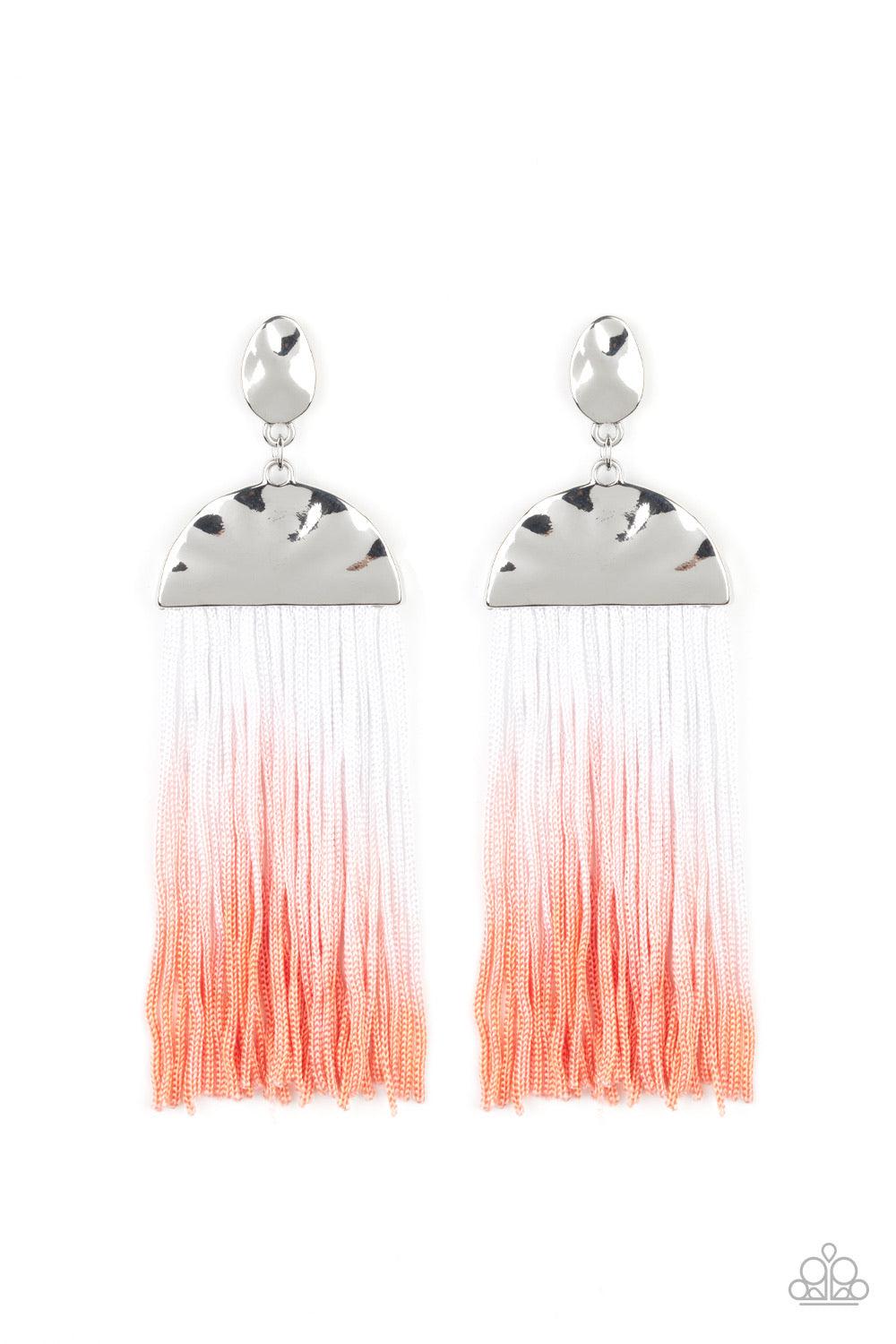Paparazzi Accessories Rope Them In - Orange Rope-like tassels gradually fade from white to coral as they swing from the bottom of stacked hammered silver frames, creating a colorful fringe. Earring attaches to a standard post fitting. Sold as one pair of