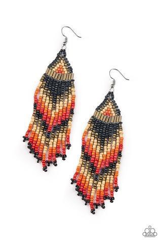 Paparazzi Accessories Colors of the Wind - Black Infused with black, orange and yellow seed beads, a colorful frame swings from the ear for a seasonal look. Earring attaches to a standard fishhook fitting. Jewelry