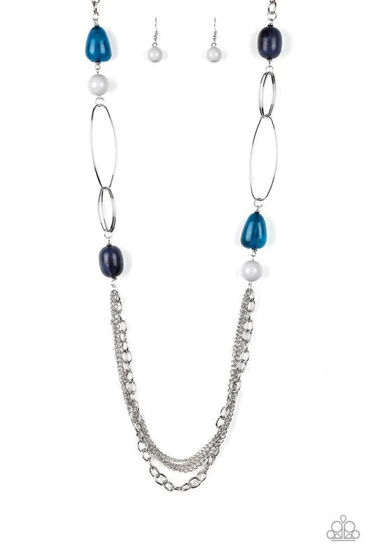 Paparazzi Accessories Pleasant Promenade - Multi Featuring polished and cloudy faux rock finishes, gray and blue beads link with bold silver hoops. The whimsical compilation gives way to layers of mismatched silver chains for a seasonal finish. Features a
