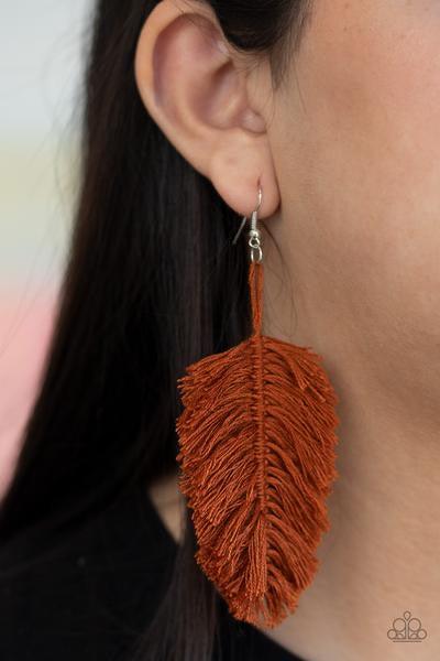 Paparazzi Accessories Hanging by a Thread - Brown Featuring an earthy brown hue reminiscent of terracotta, a loop of thread gives way to a leafy brown fringe, creating a statement-making texture. Earring attaches to a standard fishhook fitting. Sold as on
