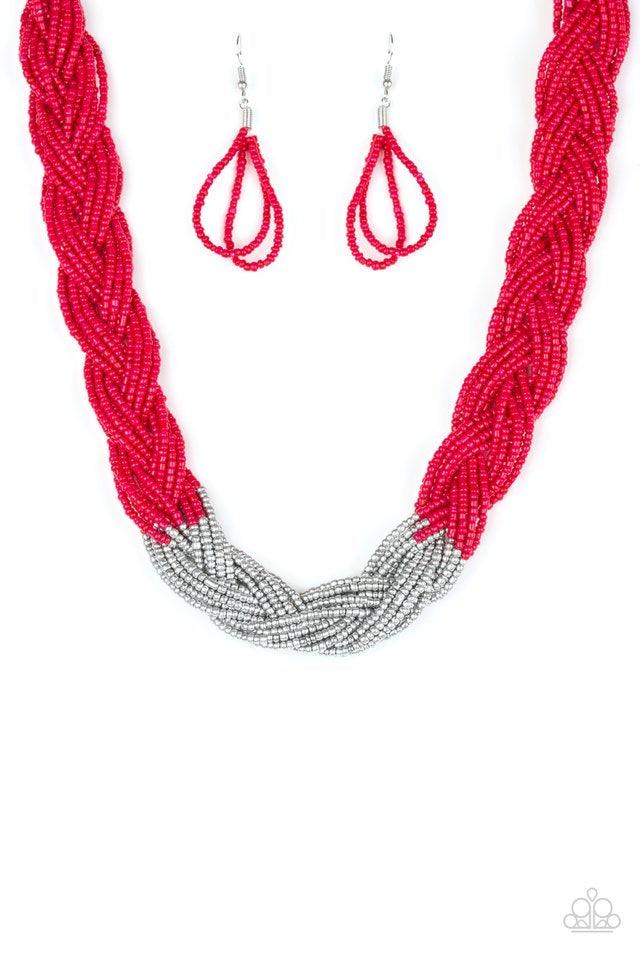 Paparazzi Accessories Brazilian Brilliance - Red Strands of red seed beads create an indigenous braid below the collar. The red seed beads gradually morph into metallic silver beads at the center for a chic contrasting look. Features an adjustable clasp c