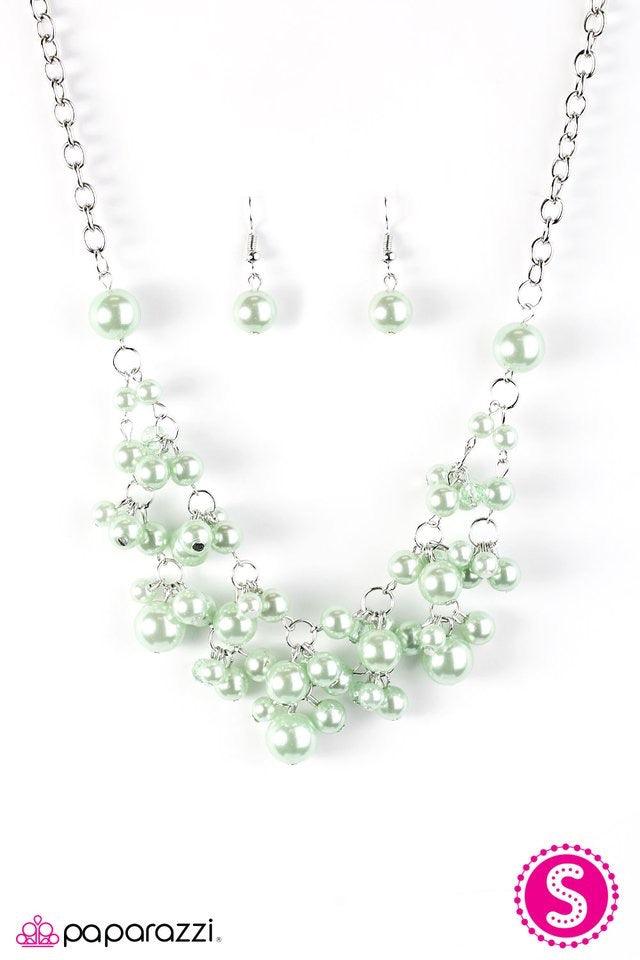 Paparazzi Accessories I Can SEA Clearly Now - Green Two rows of green pearls fall just below the collar, creating rows of cascading elegance. Dainty crystal beads are sprinkled along the pearlescent layers, adding glittering accents to the feminine palett