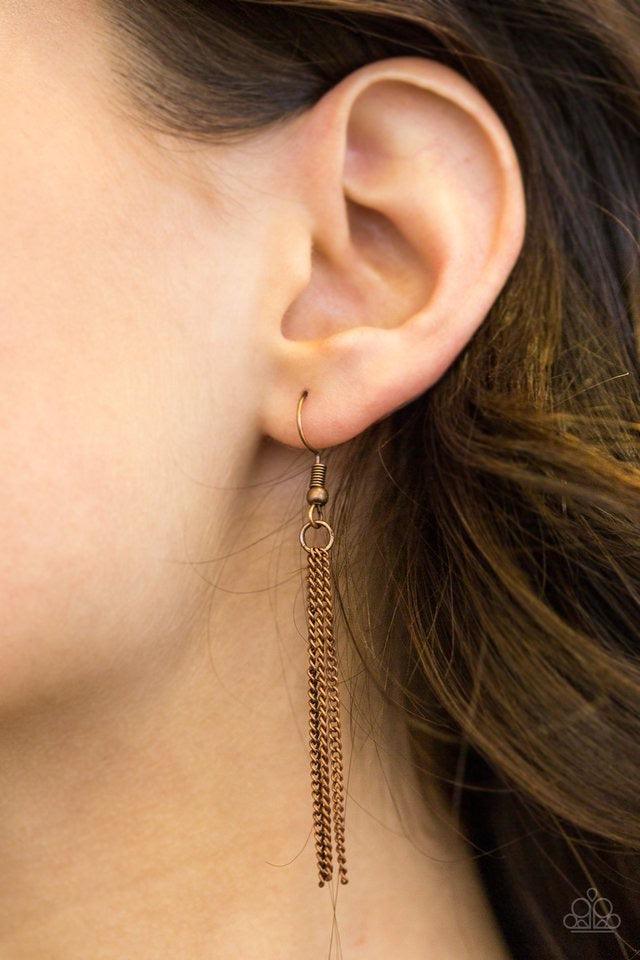 Paparazzi Accessories Full STEAMPUNK Ahead! - Copper A double stacked pendant swings from the bottom of a lengthened mesh chain for a bold industrial look. Infused with a copper tassel, shimmery mesh chain is pressed into the centers of the stacked round