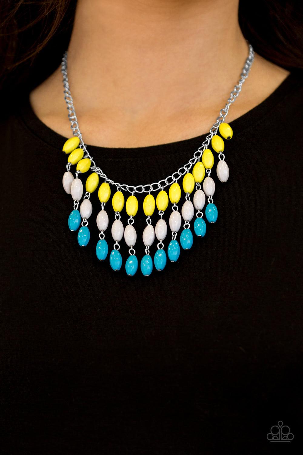 Paparazzi Accessories Delhi Diva - Multi Faceted yellow, gray, and blue beads cascade from the bottom of a shimmery silver chain, creating a flirty fringe below the collar. Features an adjustable clasp closure. Jewelry