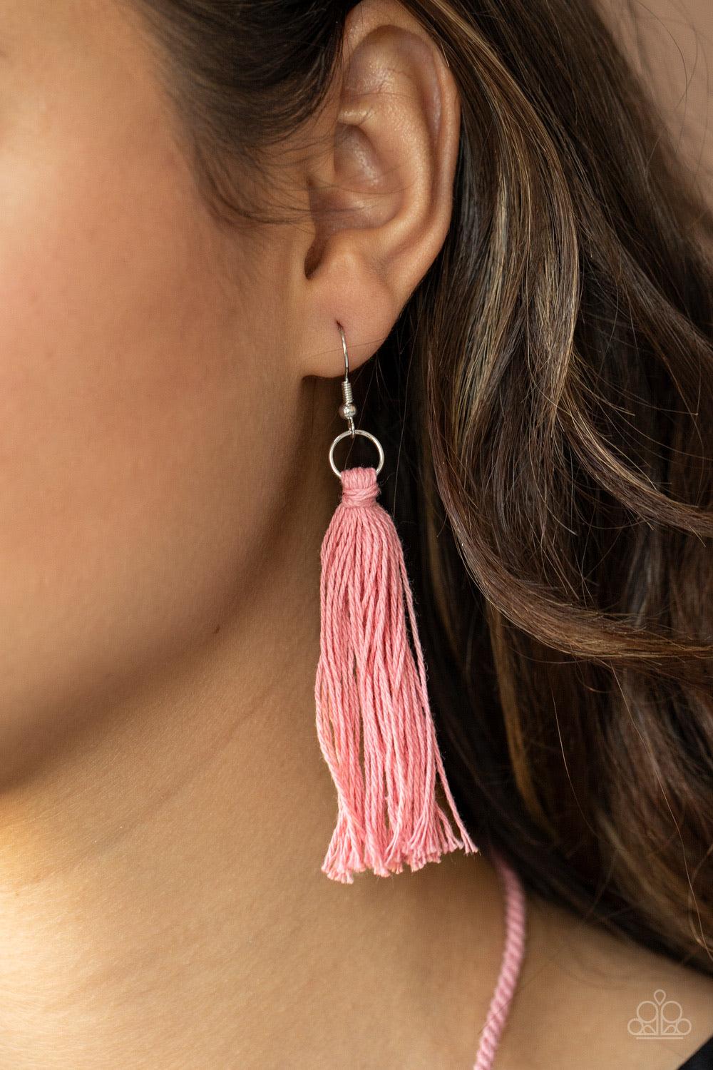 Paparazzi Accessories Between You And MACRAME -Pink Rose Tan cording delicately wraps around a dainty wooden dowel, knotting into a tasseled macramé centerpiece at the bottom of a dramatically lengthened display. Features an adjustable sliding knot closur