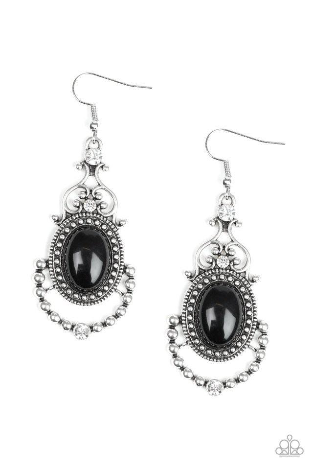 Paparazzi Accessories CAMEO And Juliet ~Black A shiny black bead is pressed into an ornate silver frame swirling with frilly silver filigree and shiny silver studs. Glassy white rhinestones sporadically dot the frame for a sparkling finish. Earring attach