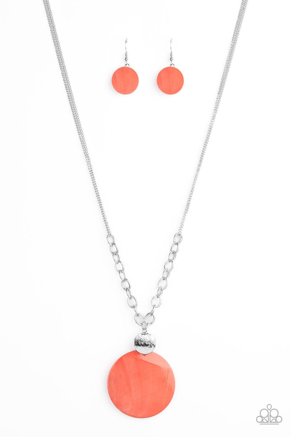 Paparazzi Accessories A Top-SHELLer - Orange A textured silver disc links with a coral shell-like frame at the bottom of a section of thick silver chain, creating a summery pendant. Features an adjustable clasp closure. Jewelry