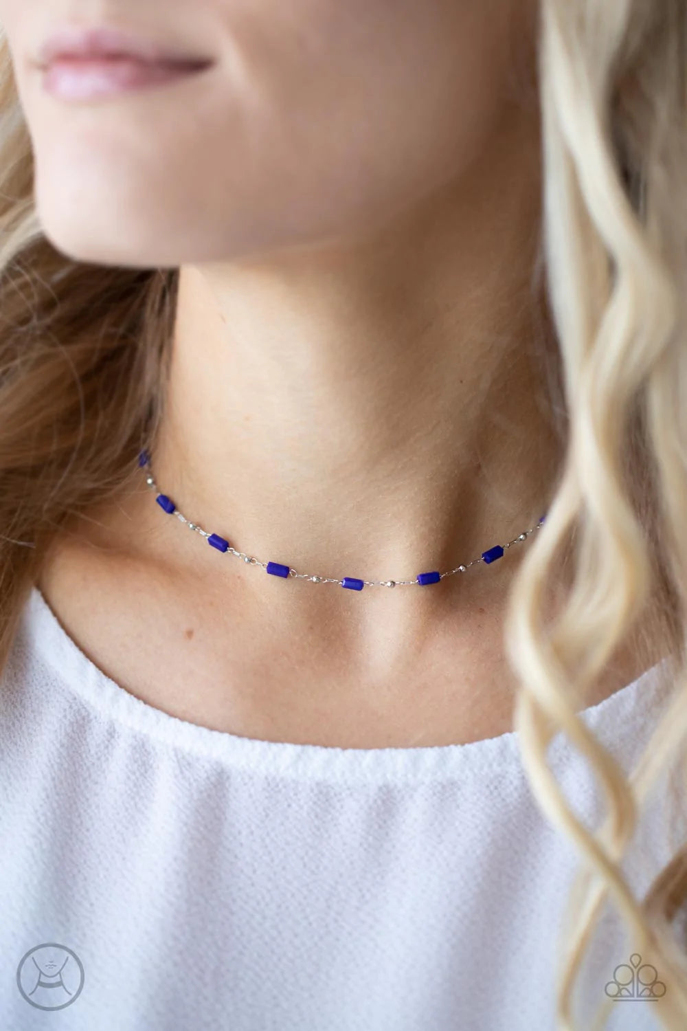 Paparazzi Accessories Urban Expo - Blue Dainty silver beads and cylindrical blue beads delicately link around the neck, creating a minimalist inspired pop of color. Features an adjustable clasp closure. Sold as one individual choker necklace. Includes one