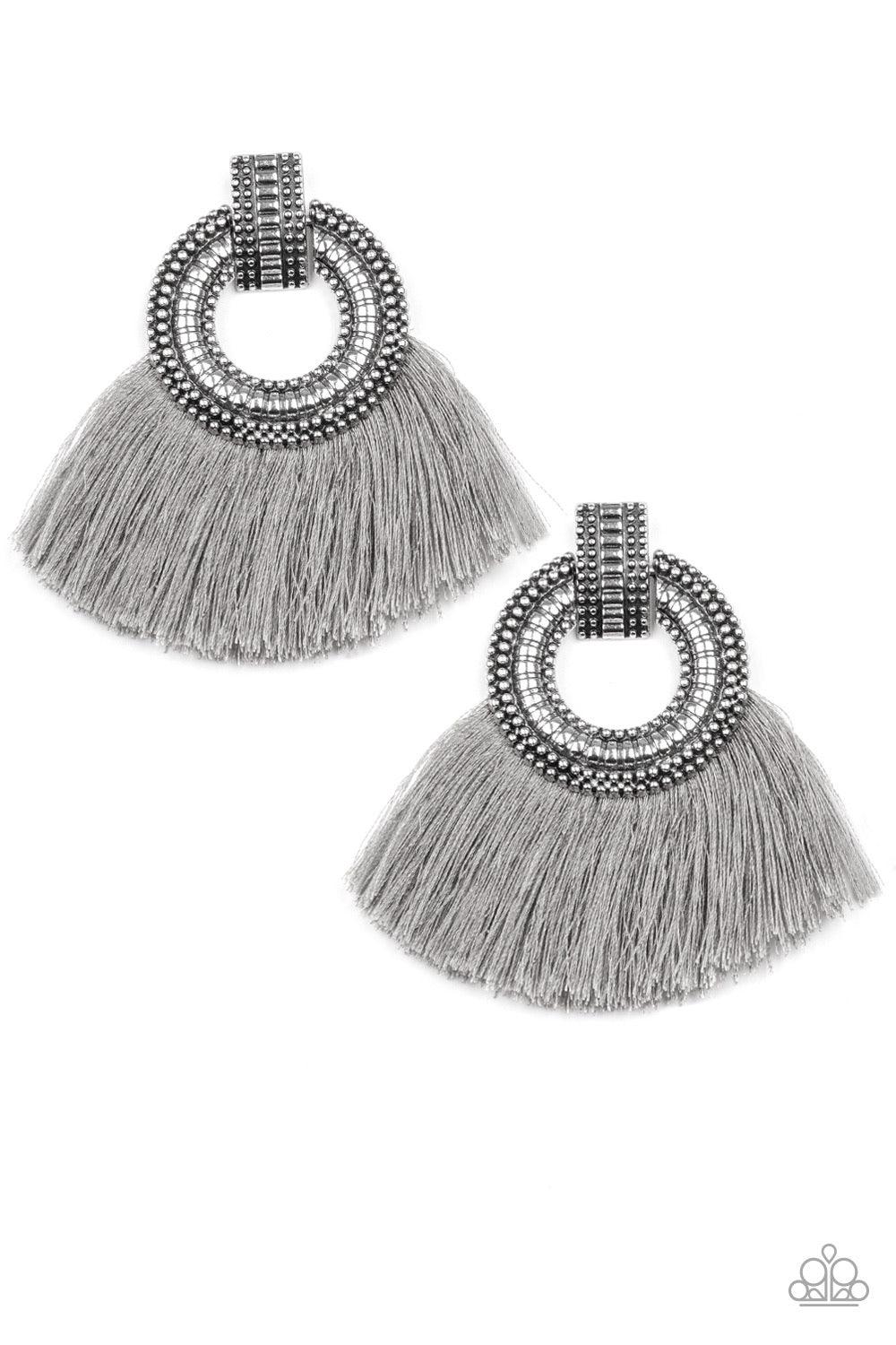 Paparazzi Accessories I Am Spartacus - Silver A plume of shiny gray thread flares out from the bottom of an ornate silver fitting, creating a fierce fringe. Earring attaches to a standard post fitting. Jewelry
