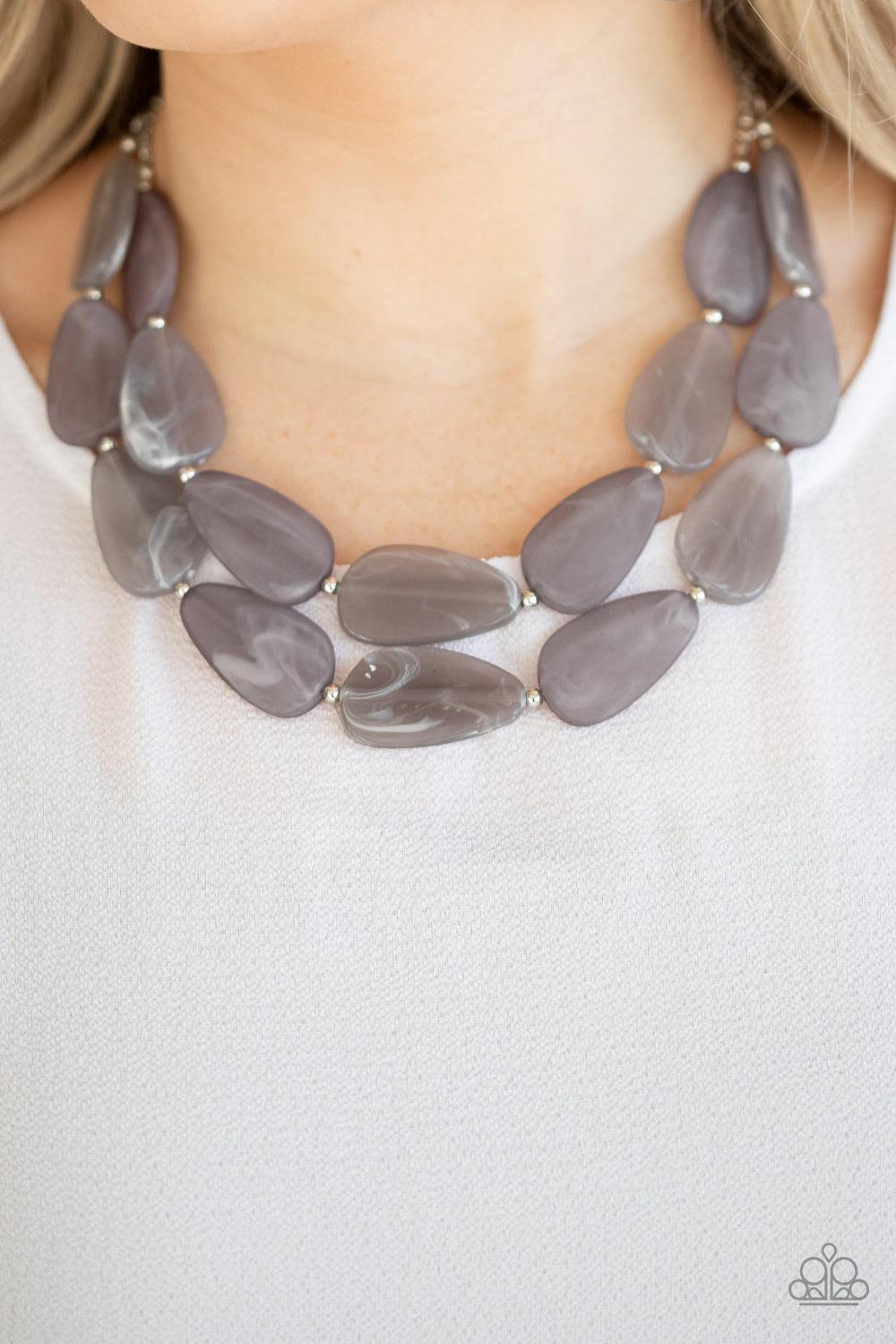 Paparazzi Accessories Colorfully Calming - Silver Featuring a faux marble finish, asymmetrical gray teardrops and dainty silver beads are threaded along invisible wires, creating two serene layers below the collar. Features an adjustable clasp closure. Je