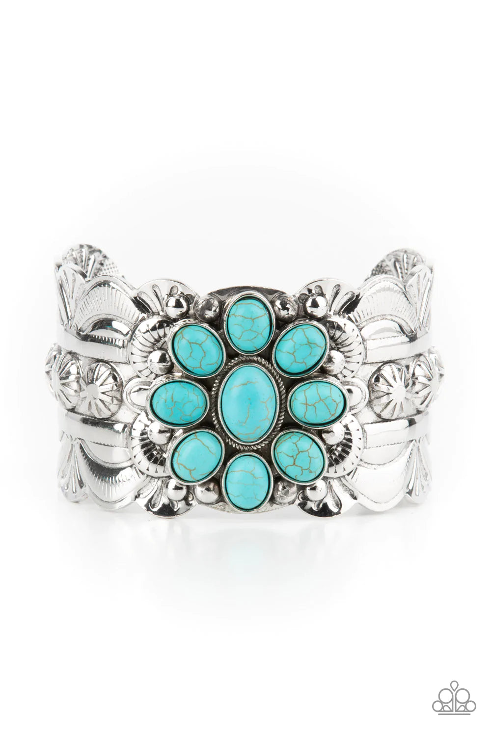 Paparazzi Accessories Southern Eden - Blue Refreshing turquoise stones adorn the center of a substantial silver cuff that is studded and embossed in scalloped and sunburst accents, creating a floral centerpiece around the wrist. Sold as one individual bra