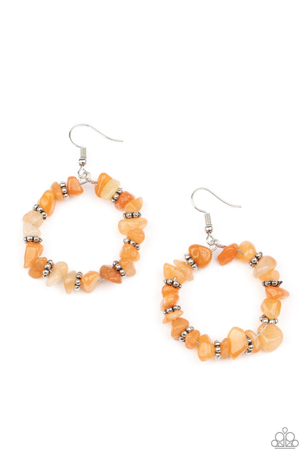 Paparazzi Accessories Going for Grounded - Orange Bits of orange rock and studded silver rings are threaded along a dainty wire, creating an earthy hoop. Earring attaches to a standard fishhook fitting. Sold as one pair of earrings. Jewelry