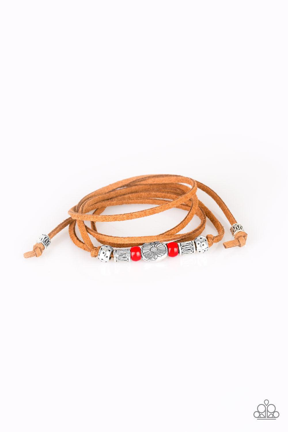 Paparazzi Accessories Clear A Path - Red An array of red and silver beads are knotted in place along elongated suede cording for a wanderlust fashion. To secure bracelet, tie ends in place around the wrist at desired length. Jewelry