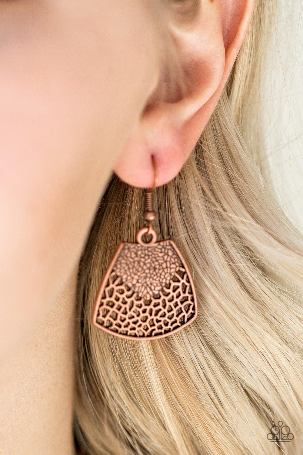 Paparazzi Accessories Large And In Charge - Copper Featuring ornately stenciled and embossed details, a flared copper plate swings from a boldly copper beaded chain below the collar for a fierce look. Features an adjustable clasp closure. Jewelry