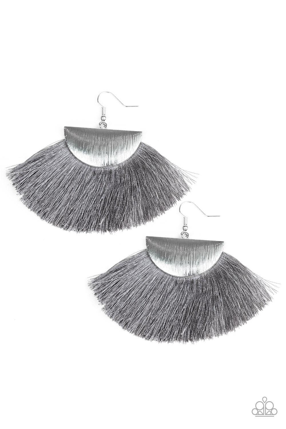 Paparazzi Accessories Fox Trap - Silver A fan of shiny gray thread flares out from the bottom of a shimmery silver crescent frame, creating a foxy fringe. Earring attaches to a standard fishhook fitting. Jewelry