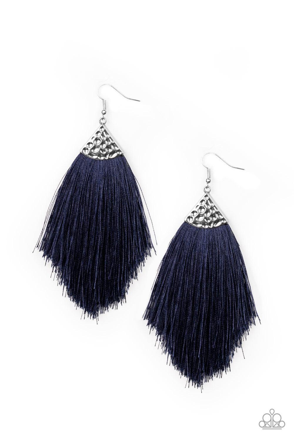 Paparazzi Accessories Tassel Tempo - Blue Shiny blue thread fans out from the bottom of a hammered silver fitting, creating a tapered fringe. Earring attaches to a standard fishhook fitting. Sold as one pair of earrings. Jewelry