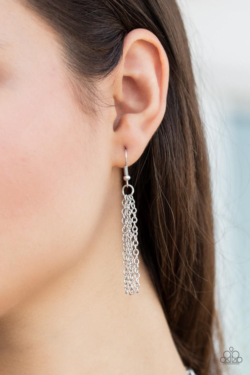 Paparazzi Accessories Retro Retrograde - White Featuring airy circular shapes, hammered silver frames link with speckled black and white acrylic frames below the collar for a colorfully retro look. Features an adjustable clasp closure. Sold as one individ