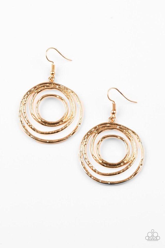 Paparazzi Accessories Very Vertigo ~Gold Delicately hammered in glistening shimmer, a gold wire coils into a dizzying lure. Earring attaches to a standard fishhook fitting. Sold as one pair of earrings.