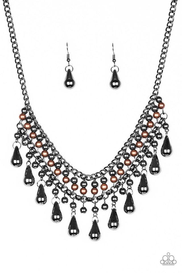 Paparazzi Accessories Don’t Forget to BOSS! - Black Threaded along metallic rods, stacked gunmetal and copper beads give way to shimmery gunmetal teardrops. The edgy fringe flawlessly drapes beneath the collar, creating a sassy tapered fringe. Features an
