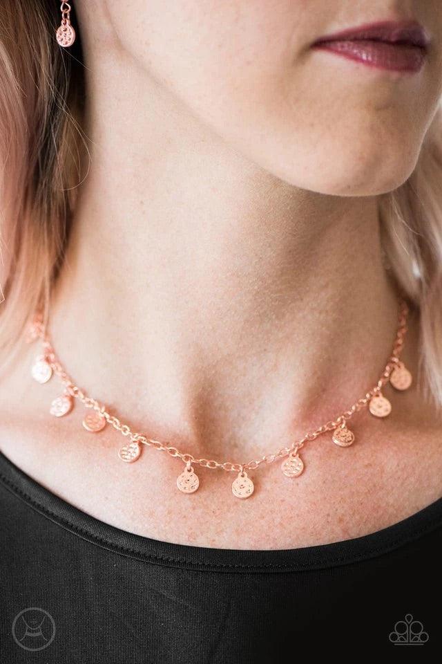 Paparazzi Accessories The FRINGE Zone - Copper Delicately hammered in shimmery texture, dainty shiny copper discs swing from the bottom of a matching chain, creating a dainty fringe below the collar. Features an adjustable clasp closure. Sold as one indiv