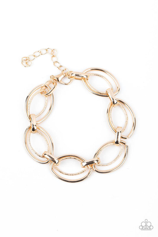 Paparazzi Accessories Simplistic Shimmer - Gold Smooth and hammered gold oval-like links delicately connect across the wrist for an edgy, industrial display. Features an adjustable clasp closure. Sold as one individual bracelet. Jewelry