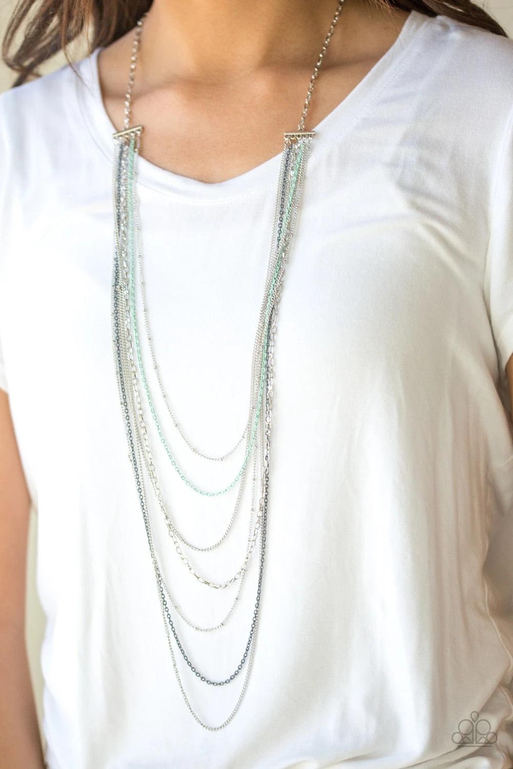 Paparazzi Accessories Radical Rainbows - Multi Mismatched silver chains alternate with dainty blue chains down the chest, creating a colorful industrial look. Features an adjustable clasp closure.Sold as one individual necklace. Includes one pair of match