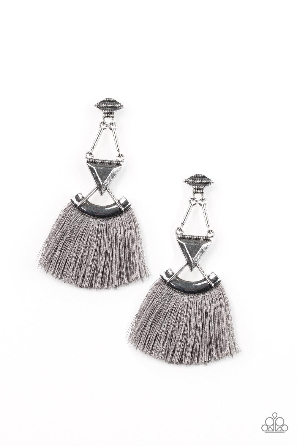 Paparazzi Accessories Puma Prowl - Silver An assortment of geometric silver frames connect into an edgy lure. A fan of shiny gray thread flares from the bottom of the stacked frame for a funky finish. Earring attaches to a standard post fitting. Jewelry